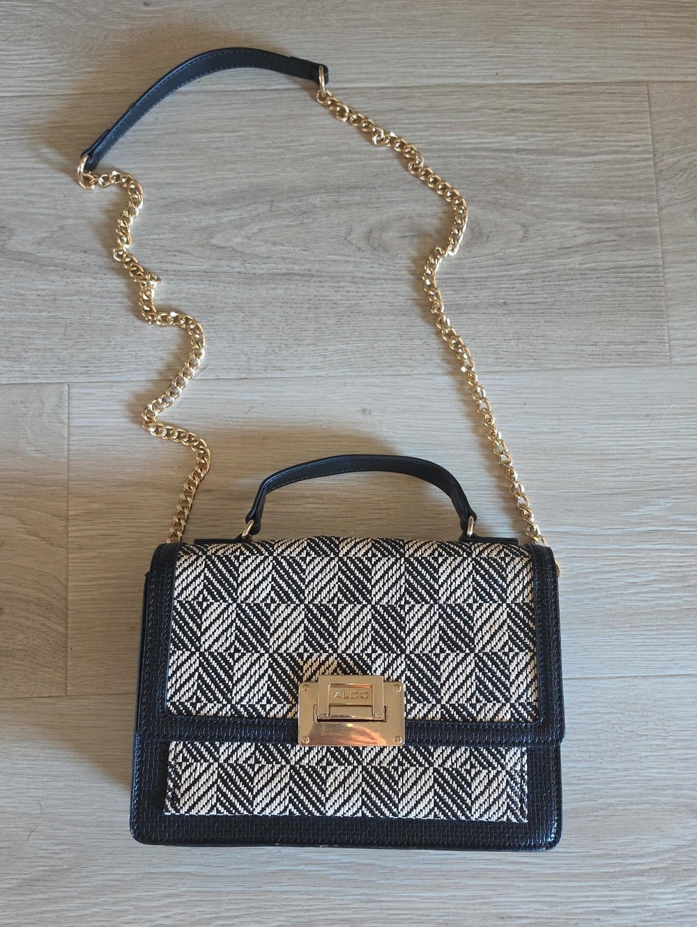ALDO Black & White Woven Top-Handle Satchel with Gold Chain